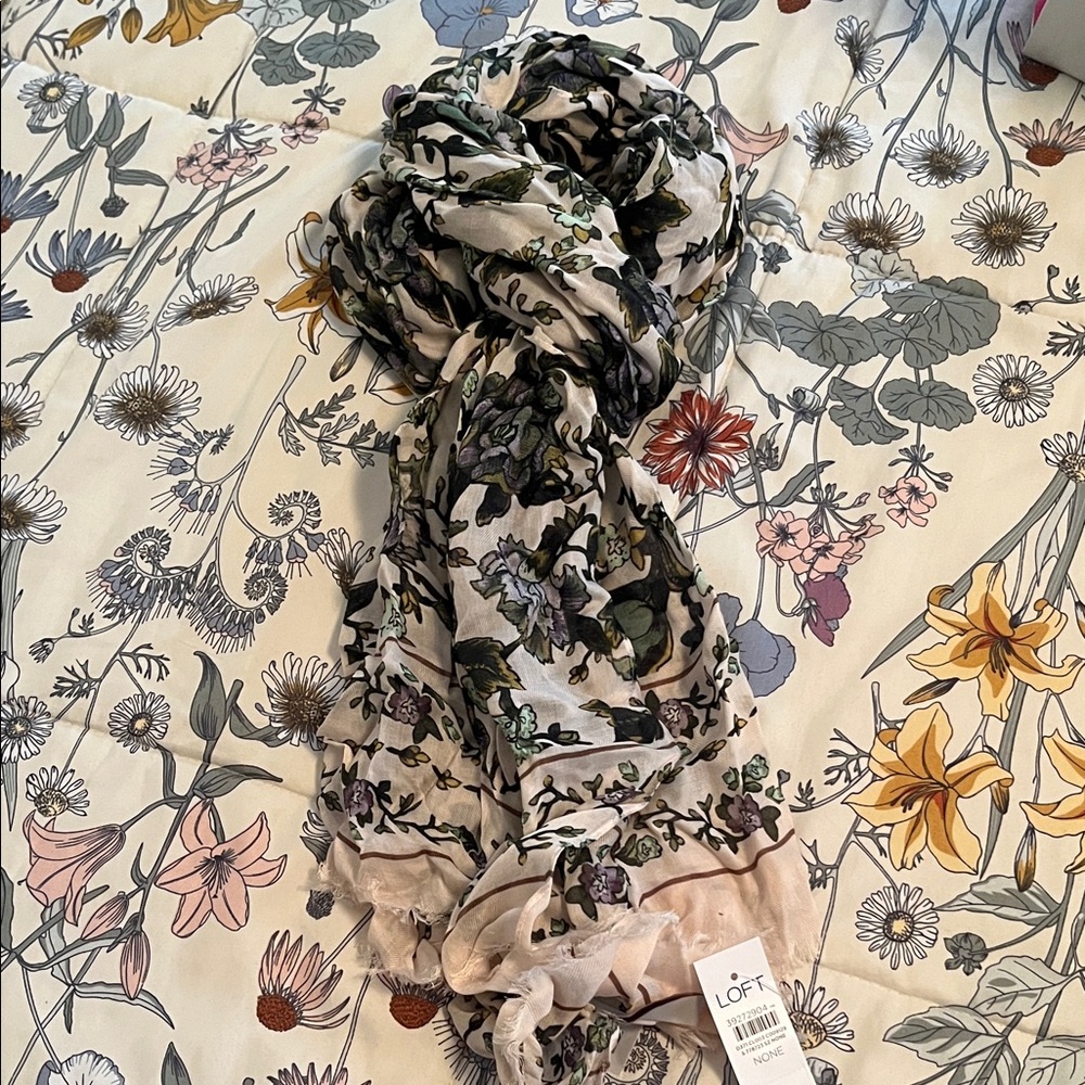 LOFT Floral Lightweight Scarf in Beige, Olive, Gray and Purple